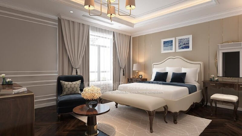 Bố trí nội thất phòng ngủ tân cổ điển đẹp, sang trọng nổi bật với sắc trắng điểm nhấn từ bộ đôn, giường bọc nệm gỗ óc chó tự nhiên. Mẫu nội thất biệt thự đẹp