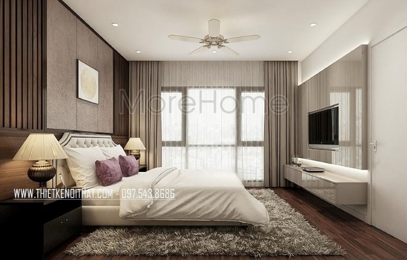Cửa kính lớn cùng rèm 2 lớp giúp không gian luôn thông thoáng bên cạnh đó, đồ nội thất hiện đại sang trọng càng làm tăng thêm sự sang trọng, đẳng cấp cho phòng ngủ master. Mẫu nội thất biệt thự đẹp