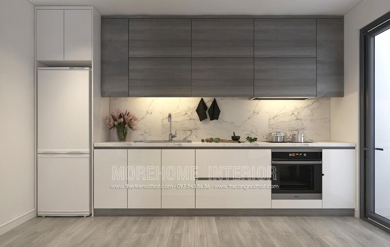 Cả bộ tủ bếp hiện đại được sản xuất từ chất liệu gỗ công nghiệp An Cường cao cấp. Ngoài ra, trông nó nổi bật và dịu mắt hơn khi sử dụng đá ốp bếp nhân tạo vân mây đầy đẳng cấp Thiết kế và sản xuất tủ bếp đẹp