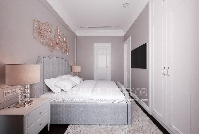 Thiết kế giường ngủ 2 người gỗ tần bì bọc vải màu xám cho phòng ngủ nhà phố