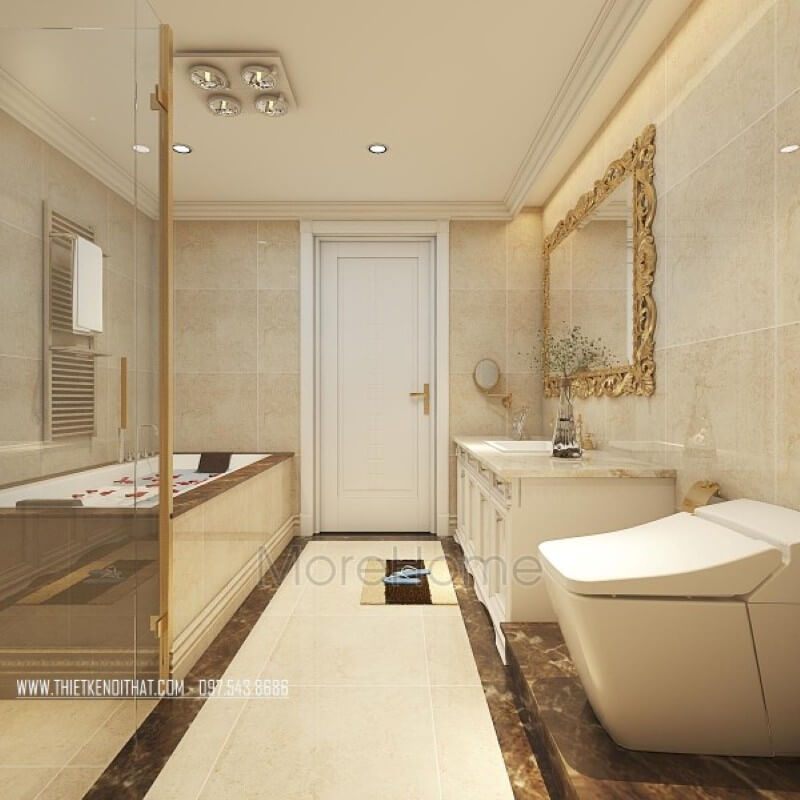 Gương treo tường tân cổ điển với kích thước lớn cơi nới thêm cho không gian phòng tắm thêm rộng và thoáng hơn