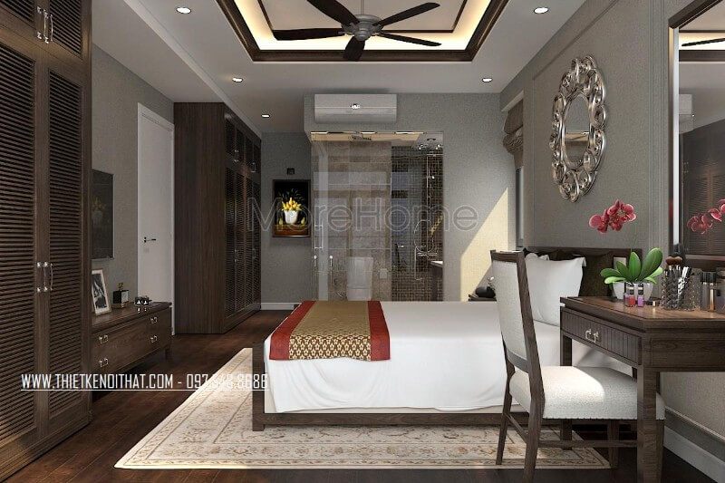 Gương trang trí mang đến điểm nhấn cho khu vực đầu giường, là điểm nhấn mới lạ cho không gian truyền thống