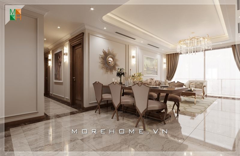 Gương mặt trời dùng trang trí treo thẳng bàn ăn trong không gian nội thất tân cổ điển là một sự kết hợp hoàn hảo.